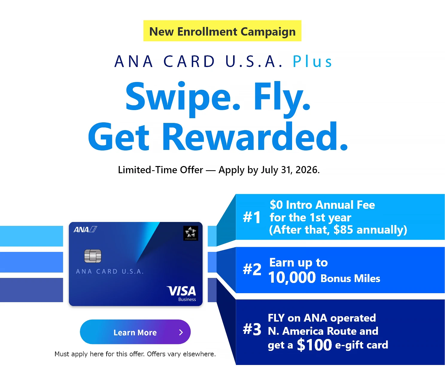 New Enrollment Campaign | ANA CARD U.S.A. Plus | Swipe. Fly. Get Rewarded. | Application Period: April 1, 2026 (Wed) - July 31, 2026 (Fri) | #1 $0 Intro Annual Fee for the 1st year (After that,  annually) | #2 Earn up to 10,000 Bonus Miles with the ANA CARD U.S.A. Plus | #3 Fly ANA/ANA Group North America routes and Get a 0 e-gift card - Terms apply. See campaign details.| ANA CARD U.S.A. Plus VISA | Learn More - Must apply here for this offer. Offers vary elsewhere.