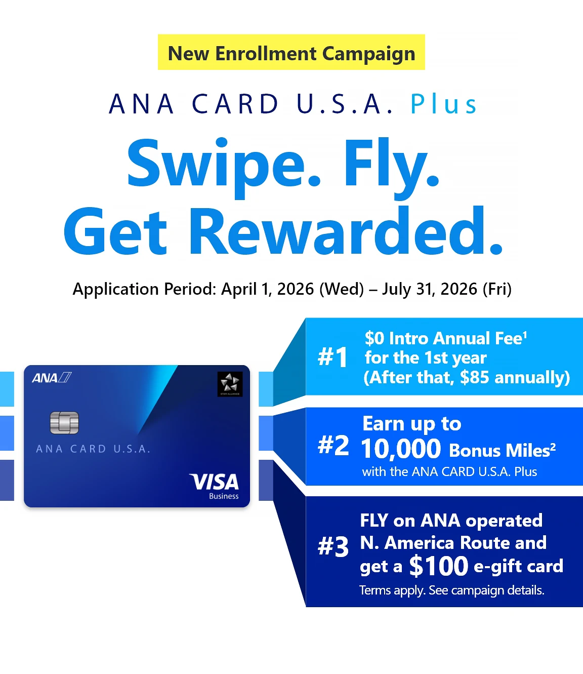 New Enrollment Campaign | ANA CARD U.S.A. Plus | Swipe. Fly. Get Rewarded. | Application Period: April 1, 2026 (Wed) - July 31, 2026 (Fri) | #1 $0 Intro Annual Fee for the 1st year (After that,  annually) | #2 Earn up to 10,000 Bonus Miles with the ANA CARD U.S.A. Plus | #3 Fly ANA/ANA Group North America routes and Get a 0 e-gift card - Terms apply. See campaign details.| ANA CARD U.S.A. Plus VISA