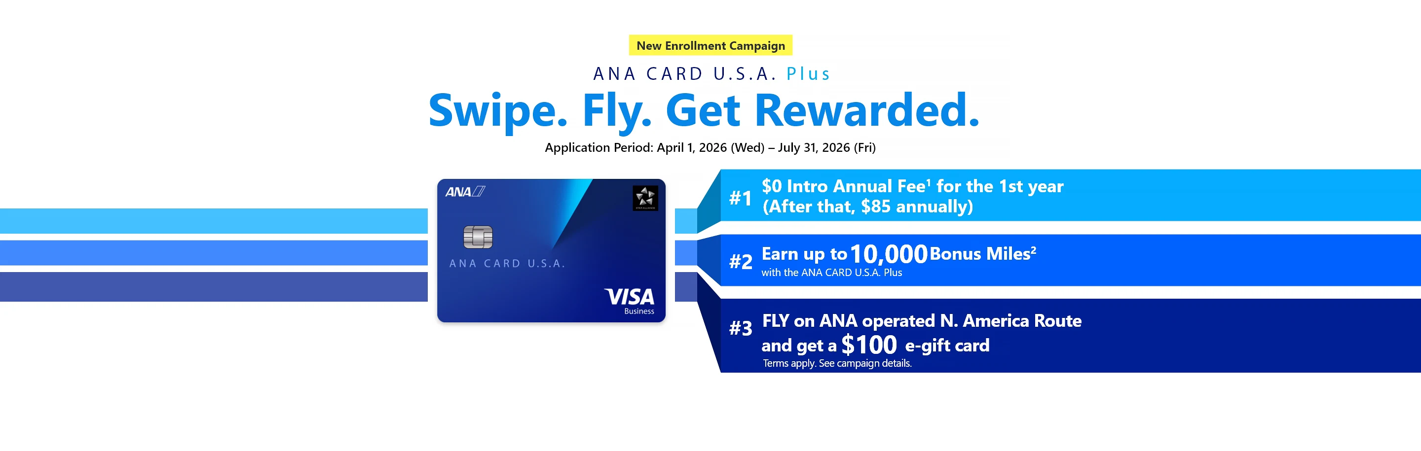 New Enrollment Campaign | ANA CARD U.S.A. Plus | Swipe. Fly. Get Rewarded. | Application Period: April 1, 2026 (Wed) - July 31, 2026 (Fri) | #1 $0 Intro Annual Fee for the 1st year (After that,  annually) | #2 Earn up to 10,000 Bonus Miles with the ANA CARD U.S.A. Plus | #3 Fly ANA/ANA Group North America routes and Get a 0 e-gift card - Terms apply. See campaign details.| ANA CARD U.S.A. Plus VISA
